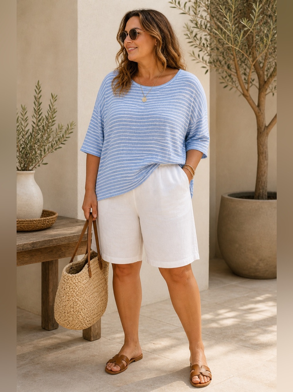 Vince blue white striped linen crew neck T-shirt elbow-length sleeves size 2X